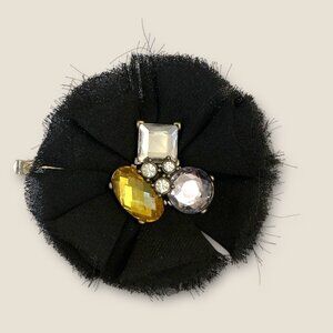 Vintage Black Fabric Brooch & Hair Pin With Rhinestone Accents Made In Paris